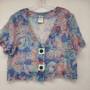 Blair  Women's Top Multicolored MEDIUM M Crop Button Up Sheer Short Sleeve Shirt